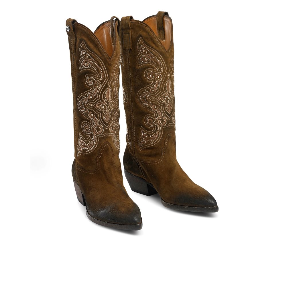 Dámské Kozačky Nad Kolena Russell & Bromley Wildwest Embroidered Western Hnědé | CZ-09527M