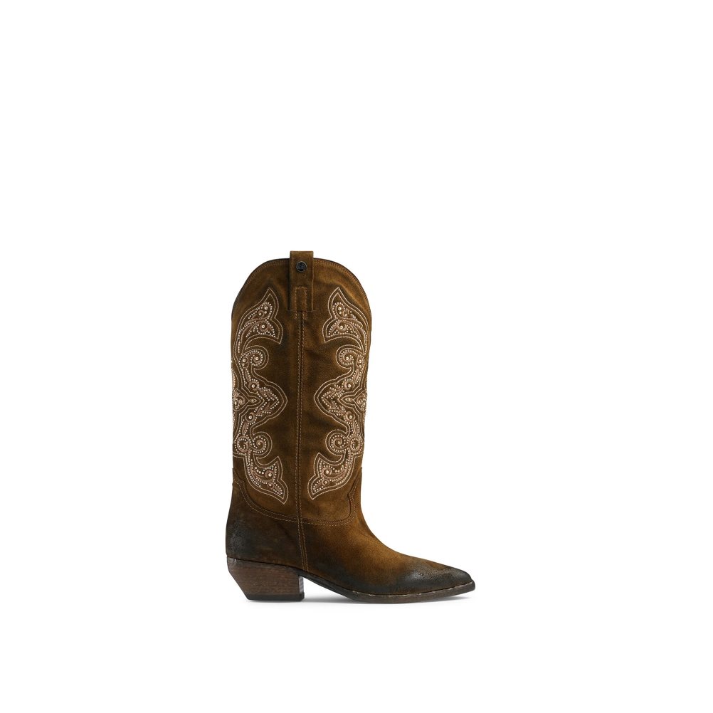 Dámské Kozačky Nad Kolena Russell & Bromley Wildwest Embroidered Western Hnědé | CZ-09527M