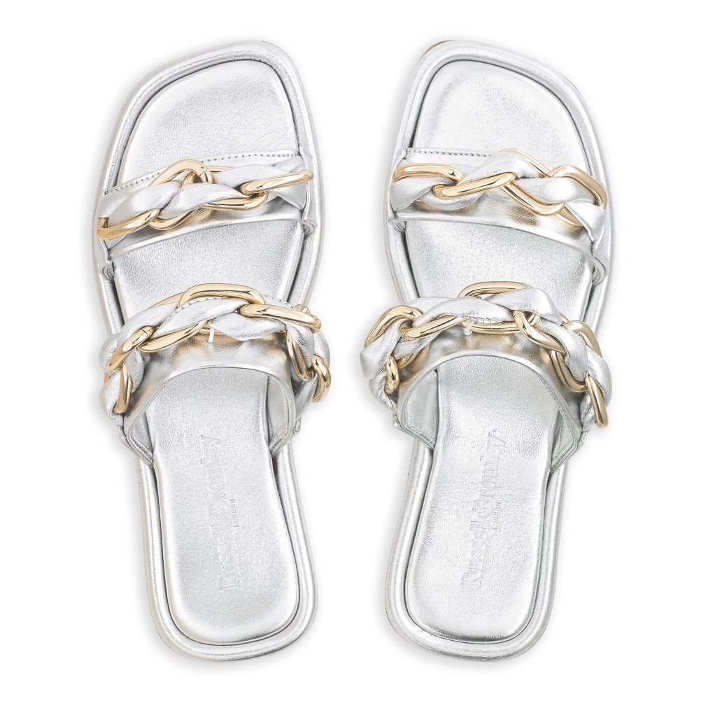 Dámské Ploché Sandály Russell & Bromley Chain Mail Chain Two Páskové Stříbrné | CZ-38450F